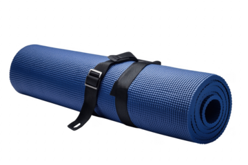 Blue yoga mat with black straps isolated on a transparent background