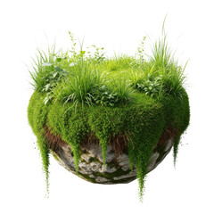 Floating island with green grass and moss isolated on transparent background