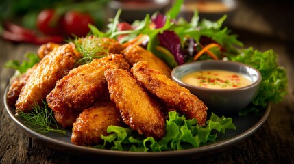 Fototapeta premium Crispy Golden Chicken Wings Served with Fresh Garden Salad and Creamy Dipping Sauce on Rustic Wooden Table