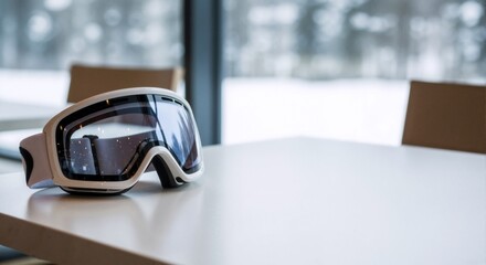 White ski goggles on a clean table: Lunch break after morning skiing overlooking the snowy landscape.