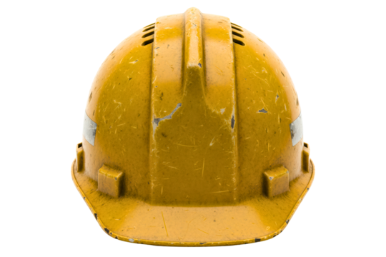 Old yellow construction hard hat with scratches and wear isolated on a transparent background
