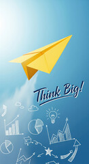 Yellow paper airplane blue sky inspirational message think big business growth upward trend creative idea hand drawn charts motivation success concept. image conveys positive and uplifting mood