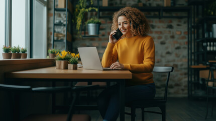 Young professional woman focuses on remote work and communication in modern cafe. She multitasks with laptop and phone, embodying efficient entrepreneurial digital lifestyle.