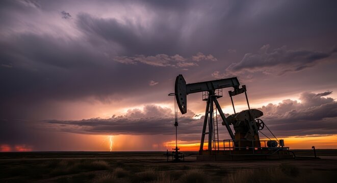 Dramatic lightning storm over oil pumpjack at sunset in open landscape