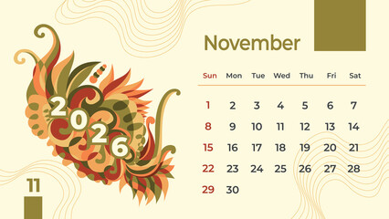 Beautifully hand-drawn November 2026 calendar