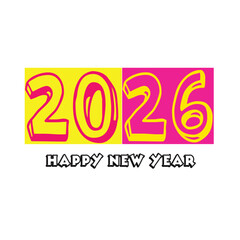 Simple, minimalist vector illustration of typographic text reading “Happy New Year 2026.” Calendars, logos, posters, banners, stickers, brochures, greeting cards.