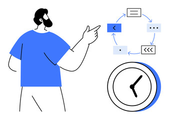Man pointing to circular workflow with process icons representing tasks, productivity, and efficiency. Clock emphasizes time management. Ideal for planning, scheduling, teamwork, workflow, strategy