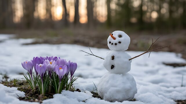 Little snowman melts surrounded by spring crocuses in melting snow