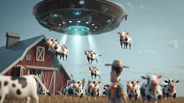 Surreal UFO Abduction of Cows Near Rustic Barn
