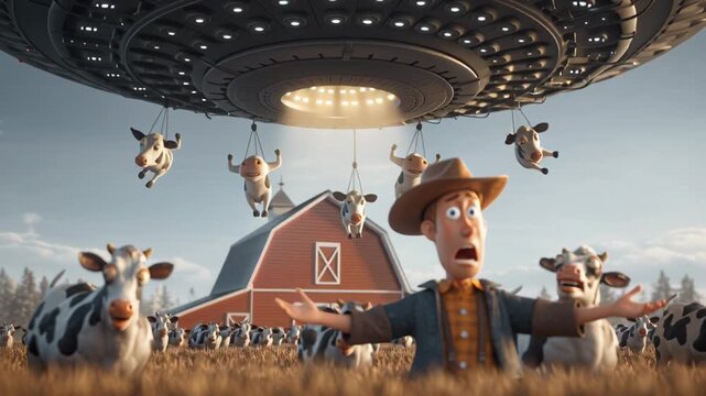 Cartoon farmer shocked by UFO abducting cows near barn