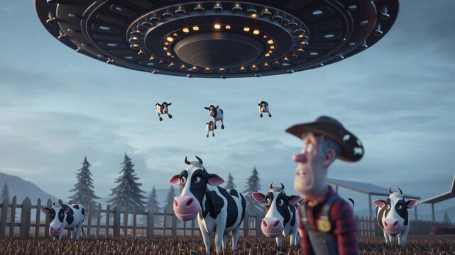 Cartoon UFO Abducting Cows in Rural Farm Setting at Dusk