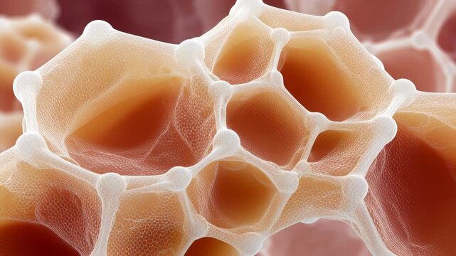 Microscopic view of cellular structures with intricate patterns and colors.