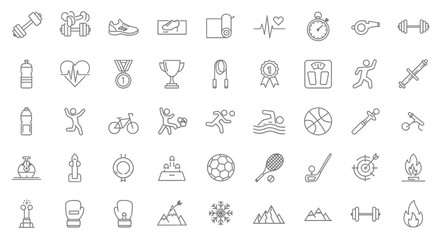 Set of fitness and sports icons simple line vector illustration for healthy lifestyle isolated on white background