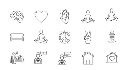 Set of wellness and lifestyle icons simple line art vector symbols for mental health and relaxation isolated on white background