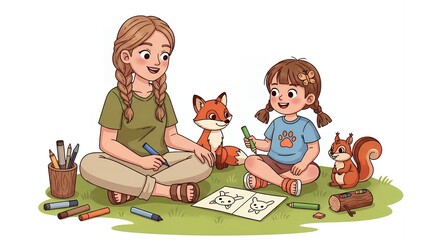 Illustration of a mother and daughter drawing together outdoors.