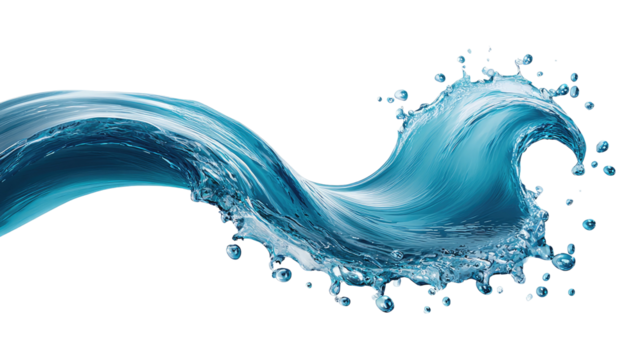 Water wave curving, crashing, splashing, isolated on black