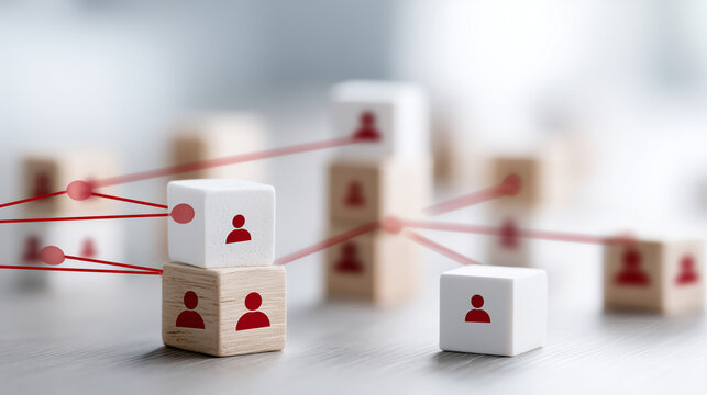 Human icons on blocks connected by red lines, organized business structure - Powered by Adobe