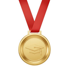 Golden graduation medal with red ribbon isolated on transparent background
