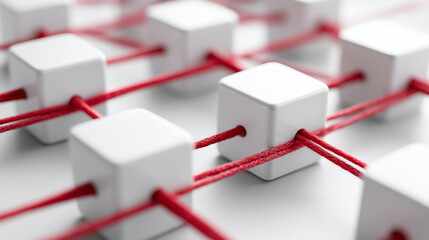 Structured layout of icon blocks and red strings, teamwork concept