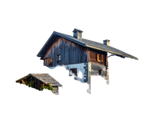 Rustic weathered wooden house structure with steep roof and chimney sits isolated against a stark black background