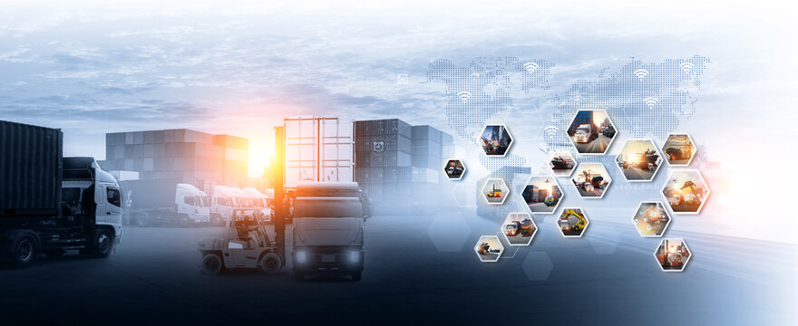 World map with logistic network distribution on background. Logistic and transport concept in front Container Cargo freight ship for Concept of fast or instant shipping, Online goods orders worldwide