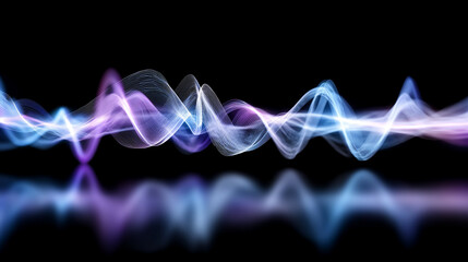 Sinuous sound waves glowing violet and blue, sharp contrast on black