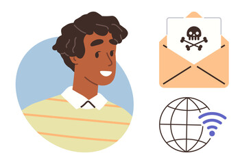 Young man smiling, an envelope showing danger sign, connected globe indicating internet. Ideal for cybersecurity, online safety, phishing scams, technology, email communication, digital threats