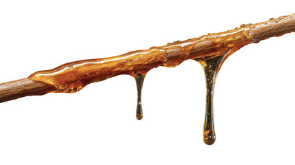Sticky amber sap dripping from a twig against a stark black backdrop