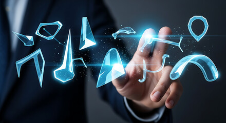 Person interacting with glowing abstract shapes in a futuristic digital interface display scene