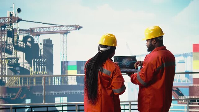 Offshore platform team using deep learning software on laptop to optimize drilling operations. Computer scientists on drilling rig ship analyzing geology data using AI technology, camera A