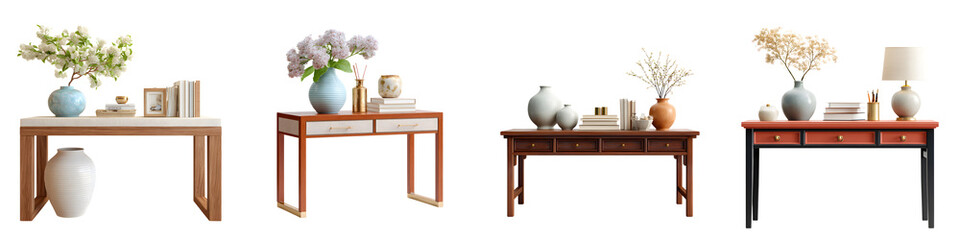 Collection of Console Tables with Decorative Vases and Books