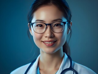 Professional Female Doctor Portrait in White Lab Coat with Stethoscope on Blue Background