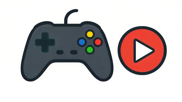 Gaming Controller and Play Button Icon for Video Games.
