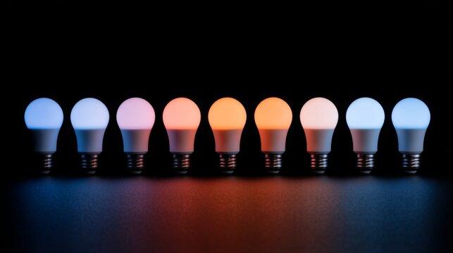 Colorful LED light bulbs arranged in a row showcasing various colors against a dark background for creative lighting inspiration and home decoration ideas.