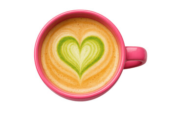 Matcha latte coffee art in pink ceramic mug top view, green heart shape foam on delicious drink