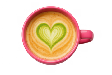 Matcha latte coffee art in pink ceramic mug top view, green heart shape foam on delicious drink