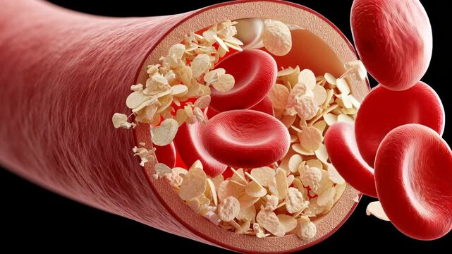 Cellular view of blood vessels showing red and white blood cells in a dynamic environment.