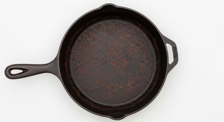 Rusty cast iron skillet with handle on white background