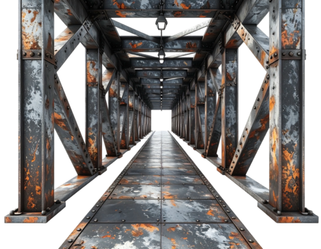 Rusty metal walkway extends into darkness, its structure defined by repeating beams and textured surfaces