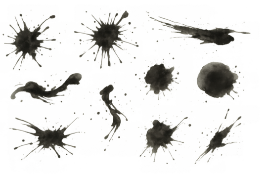 Black ink splatters and paint blots forming a grunge abstract watercolor texture on transparent background