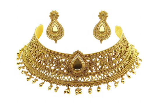 Ornate gold choker and earrings isolated on a transparent background