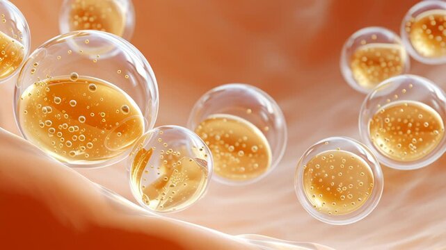 Detailed illustration of fat cells with bubbles in a biological context.