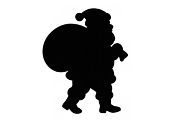 Santa claus silhouette walking with a sack of gifts, christmas holiday character, black icon on transparent background