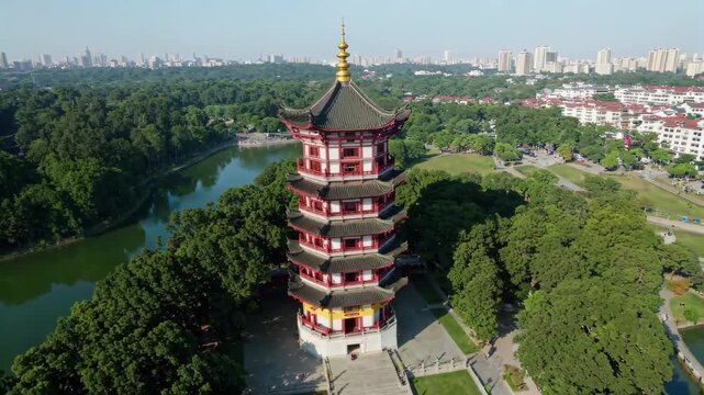 Aerial panoramic view of the ancient pagoda building Aerial view of Nanjing Jiming Temple