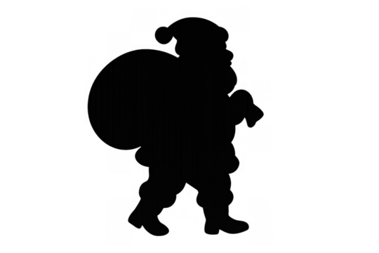 Santa claus silhouette walking with a sack of gifts, christmas holiday character, black icon on transparent background