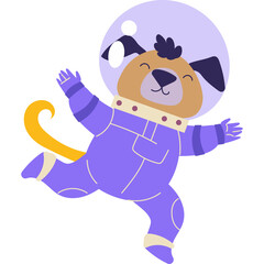 Happy cartoon dog astronaut in a purple space suit floating and dancing in outer space with a transparent background
