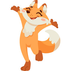 Happy cartoon fox standing with arms outstretched and eyes closed in celebration on a transparent background
