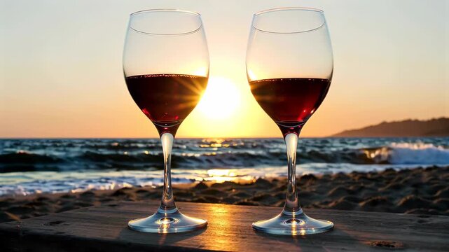 Red wine glasses at sunset at the beach Red wine tasting at sunset at the beach