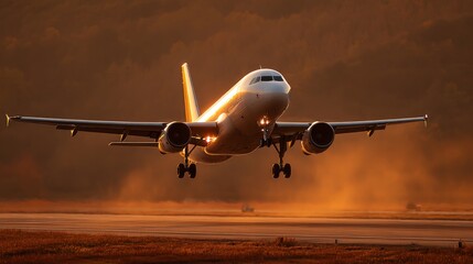 Airplane Approaching Landing at Sunset Over Runway with Golden Light and Dusty Background Creating a Stunning Travel and Aviation Scene