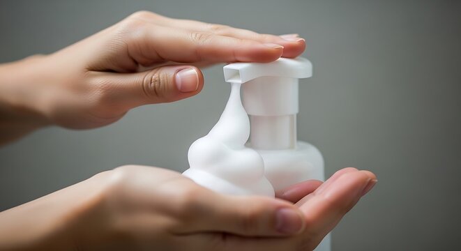 Hands dispensing white foam from pump dispenser